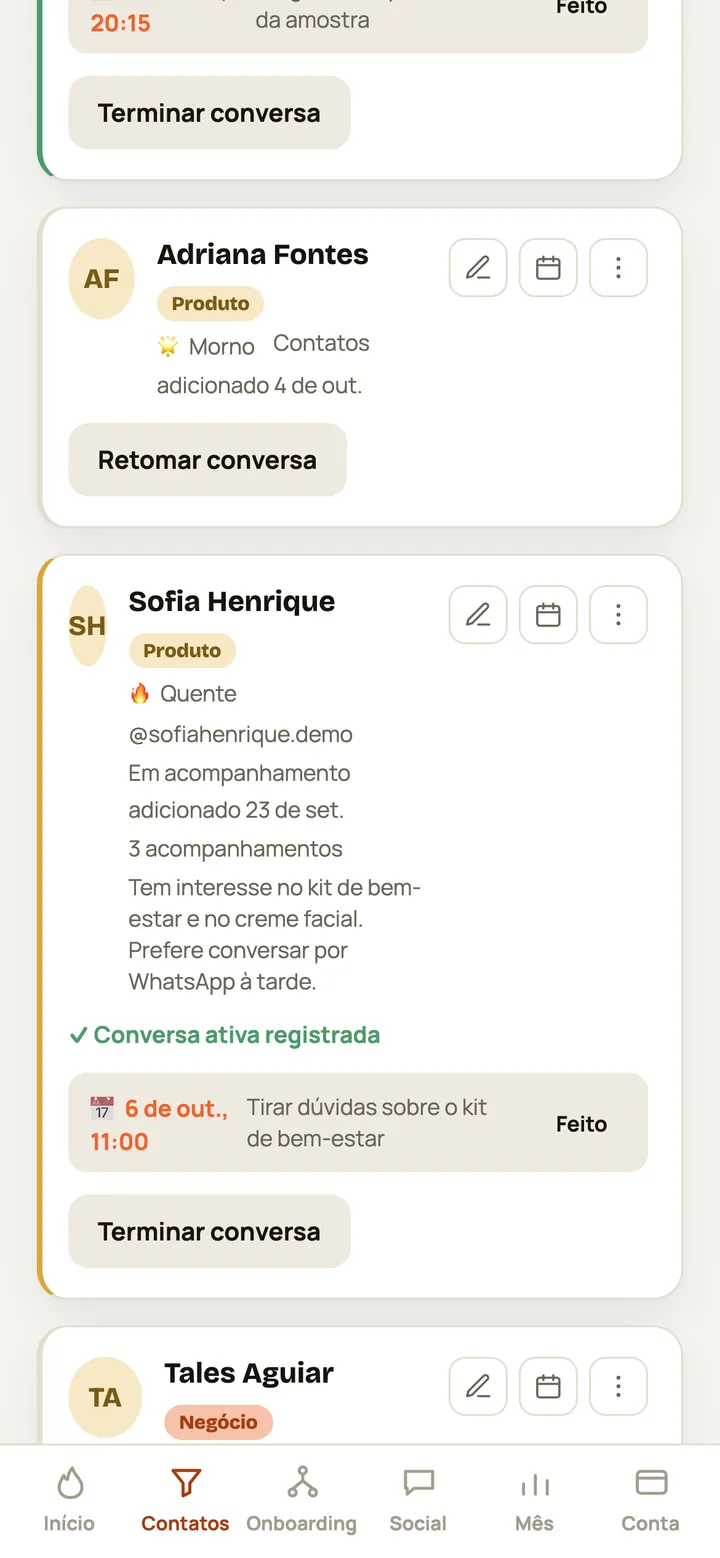 Tela do CIVENDI: Cada contato com o próximo passo